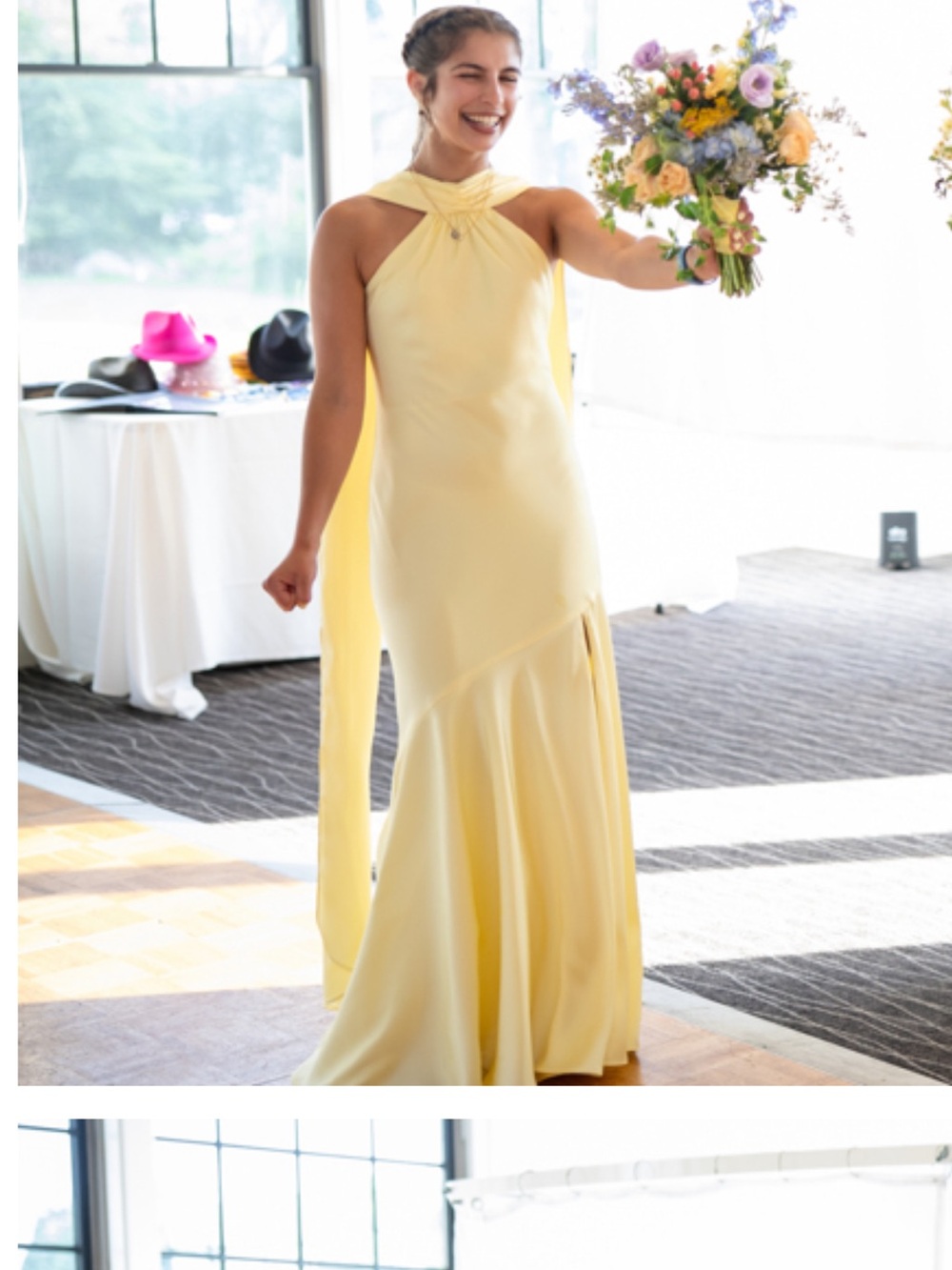 Lemon Sorbet Satin Cape Halter Eileen Matte Slit Dress - Picture 6 of 11
